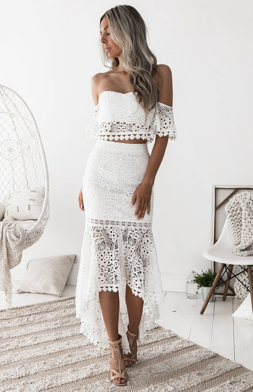 Boho Chic Off Shoulder Lace Crop Top and Skirt Dress