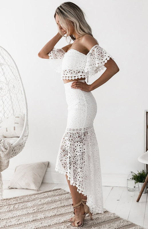 Boho Chic Off Shoulder Lace Crop Top and Skirt Dress