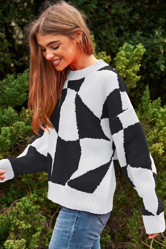 Bohemian Multi Geo Checker Pullover Knit Sweater Top