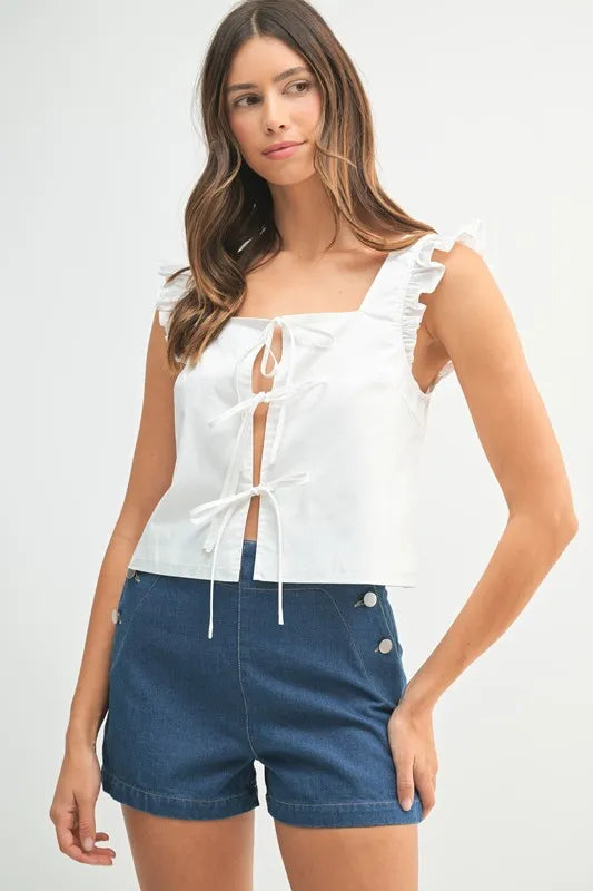 Bohemian Poplin Ruffle Strap Front Self Tie Top