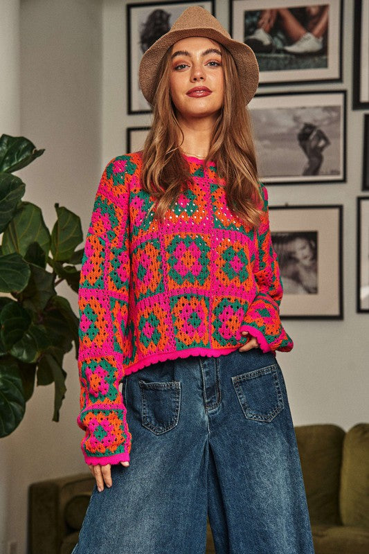 Bohemian Crochet Patchwork Round Neck Pullover Sweater Top