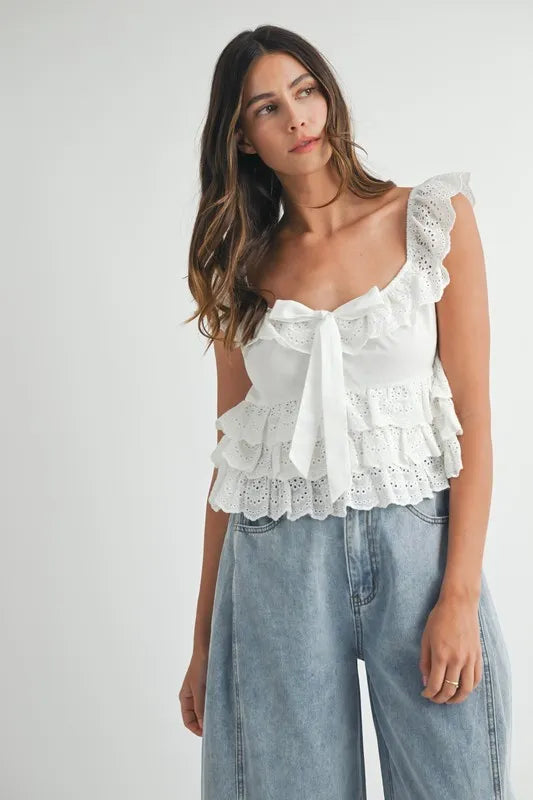 Bohemian Eyelet Embroidered Front Tie Ruffle Top