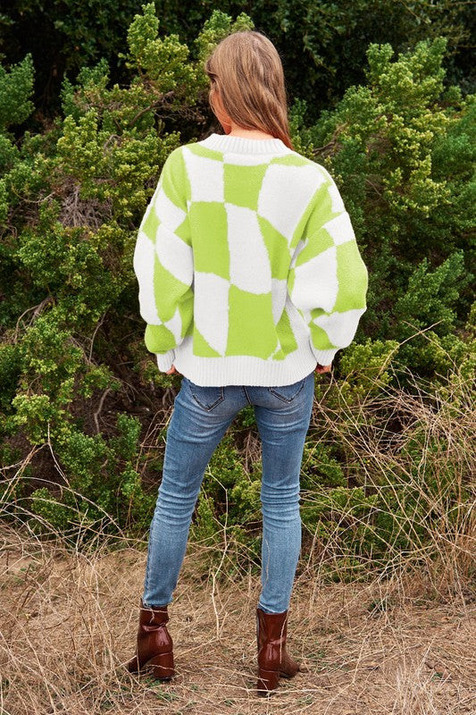 Bohemian Multi Geo Checker Pullover Knit Sweater Top