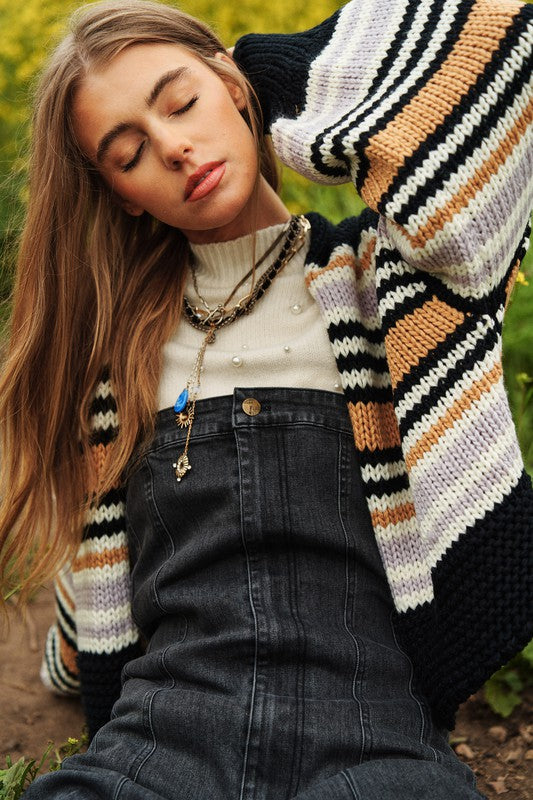 Bohemian Chunky Knit Multi-Striped Open Sweater Cardigan
