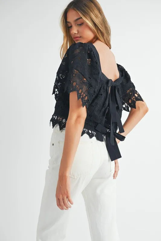 Bohemian Square Neck Crochet Lace Top With Double Bow Tie