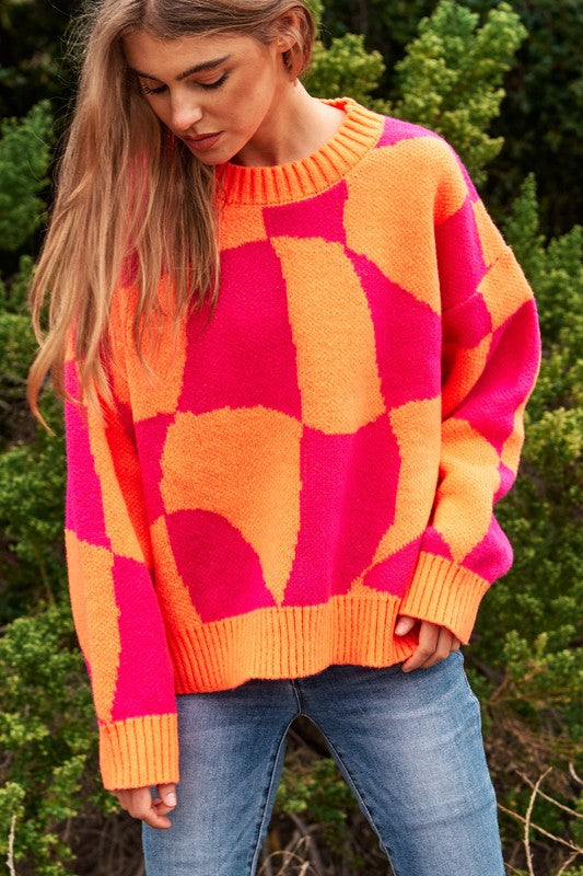 Bohemian Multi Geo Checker Pullover Knit Sweater Top