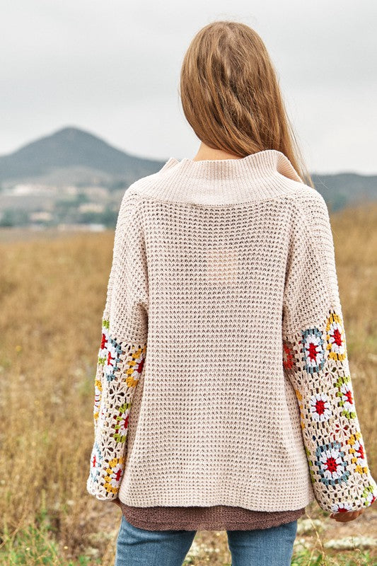 Bohemian Crochet Floral Printed Long Sleeve Knit Cardigan