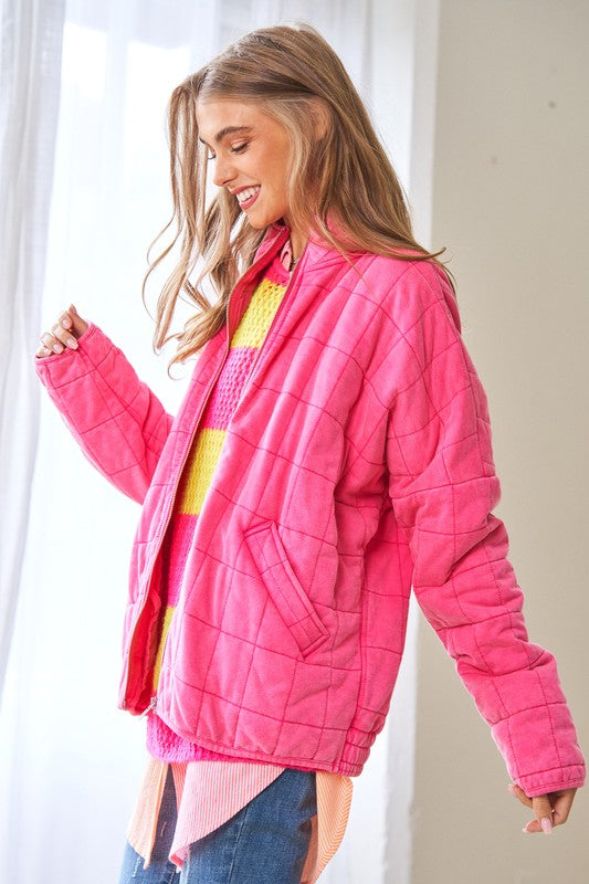 Bohemian Washed Soft Comfy Quilting Zip Closure Jacket