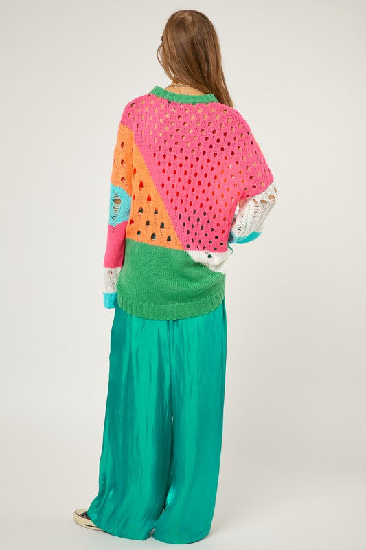 Bohemian Rocker Color Block Distressed Detail Pullover Sweater