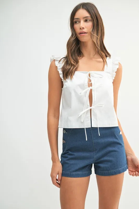 Bohemian Poplin Ruffle Strap Front Self Tie Top