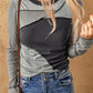 Boho Neutral Color Block Exposed Seam Long Sleeve Top