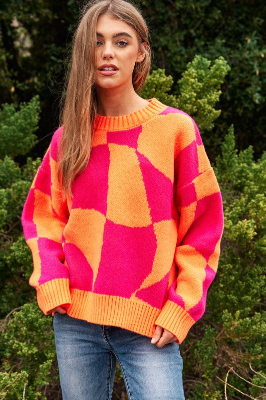 Bohemian Multi Geo Checker Pullover Knit Sweater Top