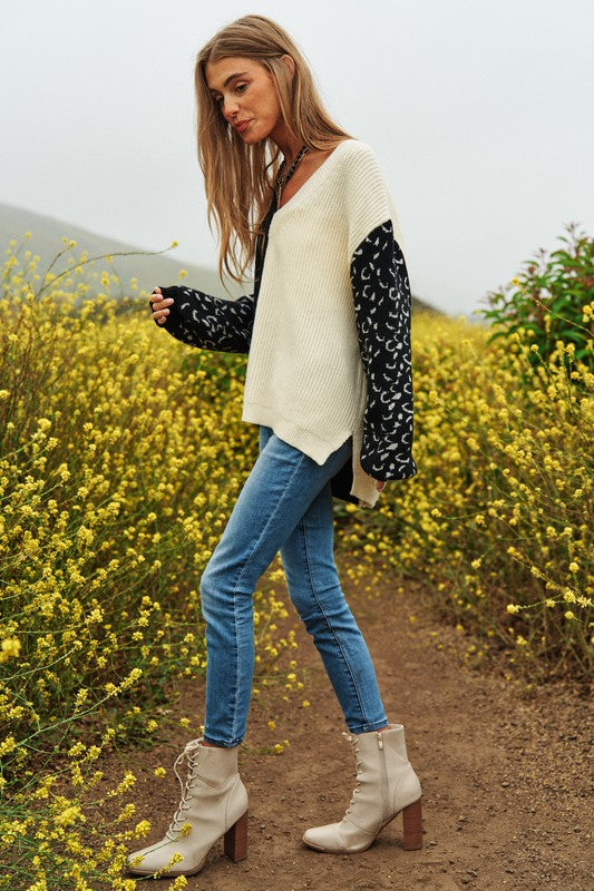 Bohemian Leopard Oversized Half and Half Pullover Sweater