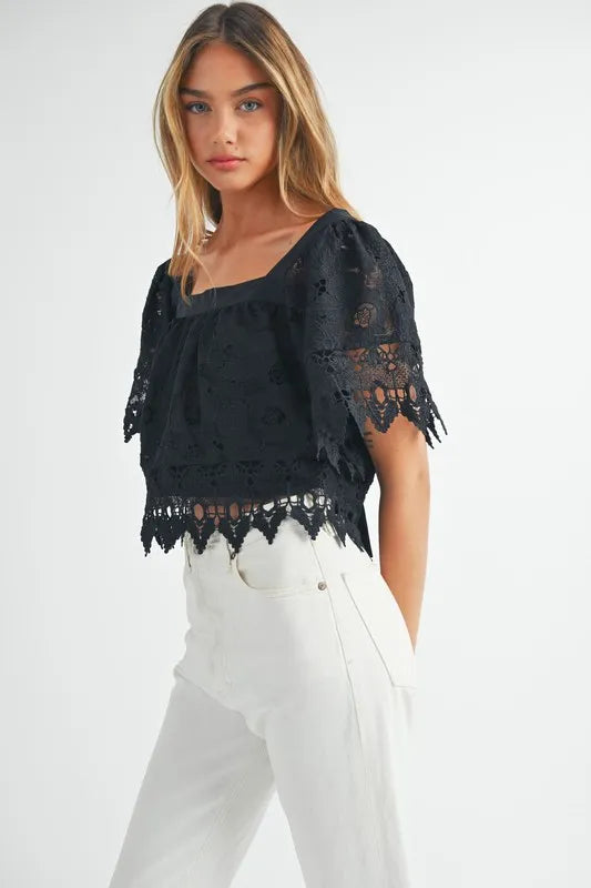 Bohemian Square Neck Crochet Lace Top With Double Bow Tie