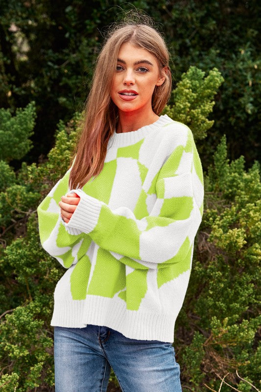 Bohemian Multi Geo Checker Pullover Knit Sweater Top