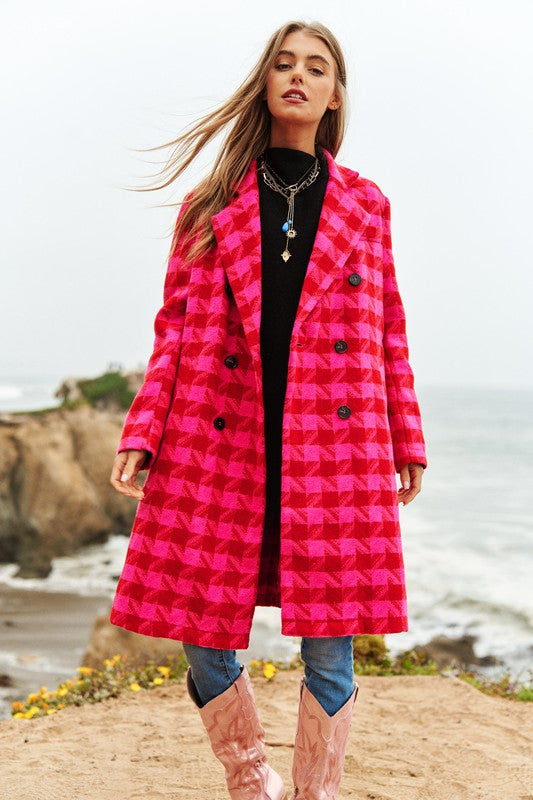 Bohemian Textured Knit Tweed Plaid Double Button Coat Jacket