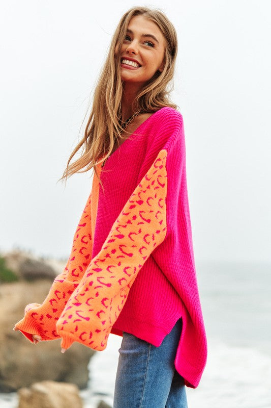 Bohemian Leopard Oversized Half and Half Pullover Sweater