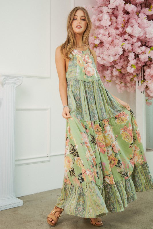 Bohemian Full Skirt Floral Patten Midi Long Dress