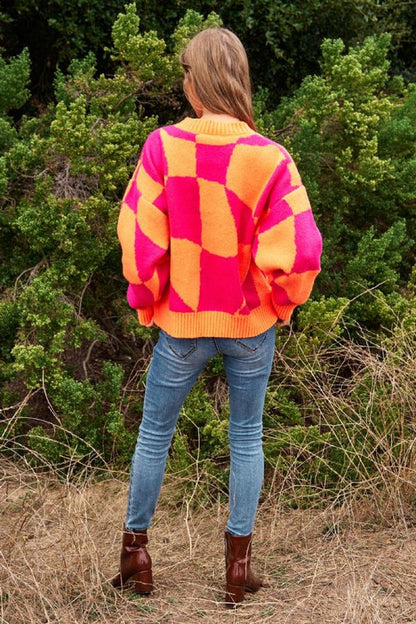 Bohemian Multi Geo Checker Pullover Knit Sweater Top
