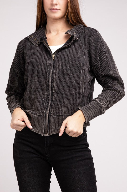 Bohemian Acid Wash Cotton Waffle Hooded Zip-Up Jacket