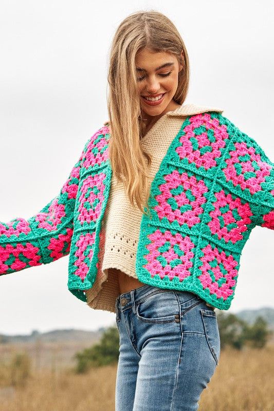 Bohemian Two-Tone Floral Square Crochet Open Knit Cardigan