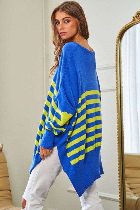 Bohemian Multi Striped Elbow Patch Loose Fit Sweater Top