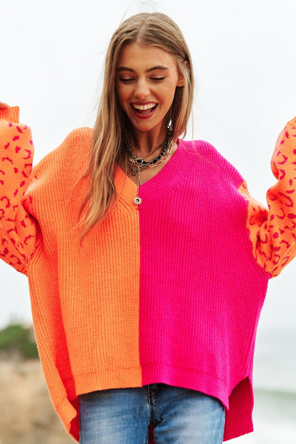 Bohemian Leopard Oversized Half and Half Pullover Sweater