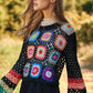 Bohemian Floral Crochet Striped Sleeve Cropped Knit Sweater