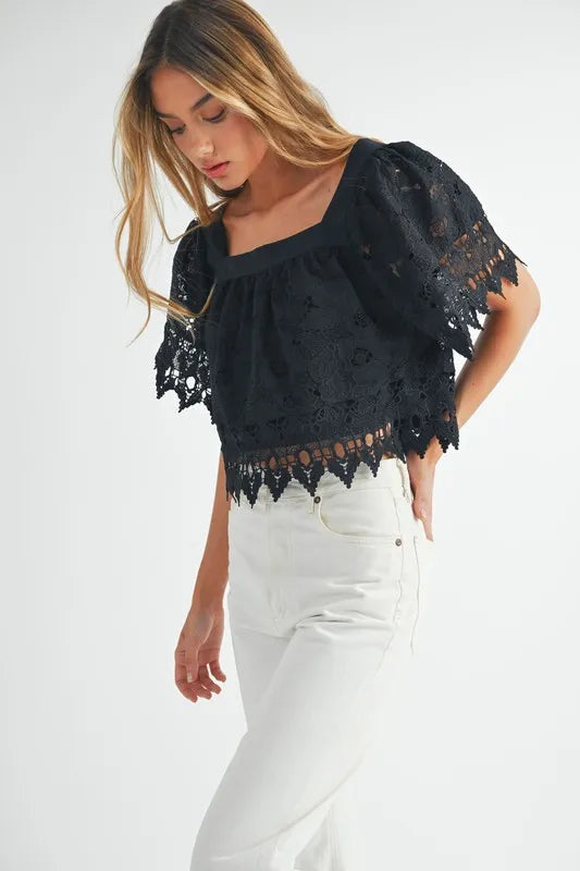 Bohemian Square Neck Crochet Lace Top With Double Bow Tie
