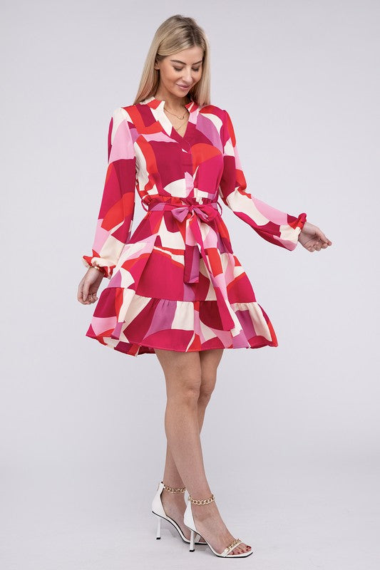 Bohemian Geometric Notched Neck Belted Dress