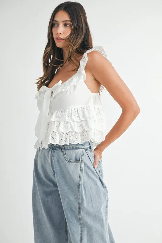 Bohemian Eyelet Embroidered Front Tie Ruffle Top