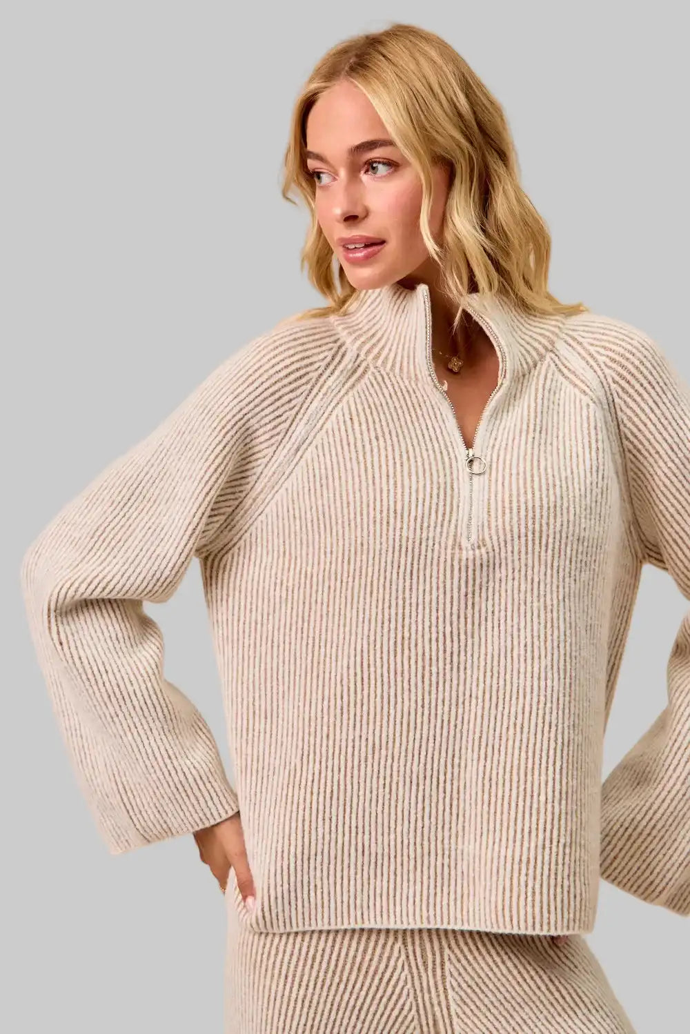 Abigail Cream Ribbed Zip Collared Sweater