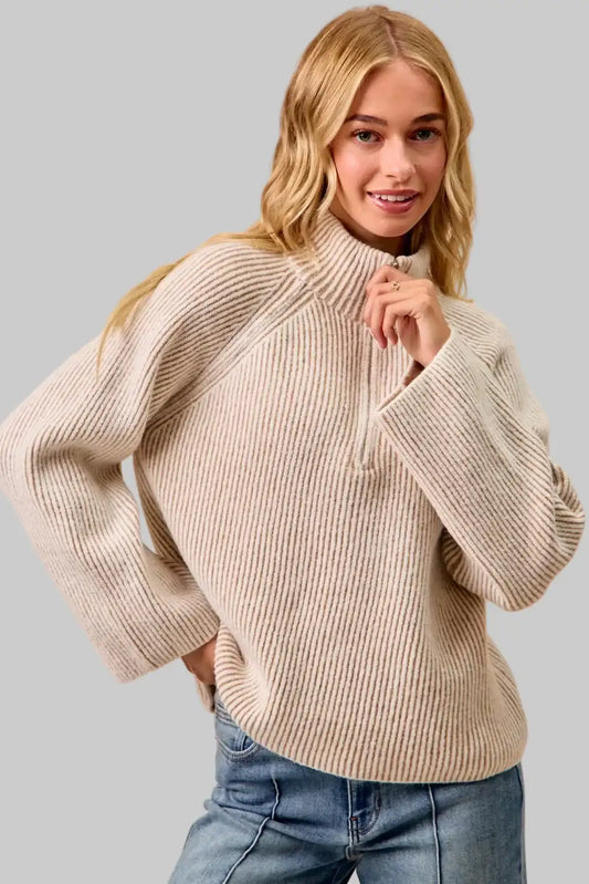Abigail Ribbed Collared Zip Up Sweater
