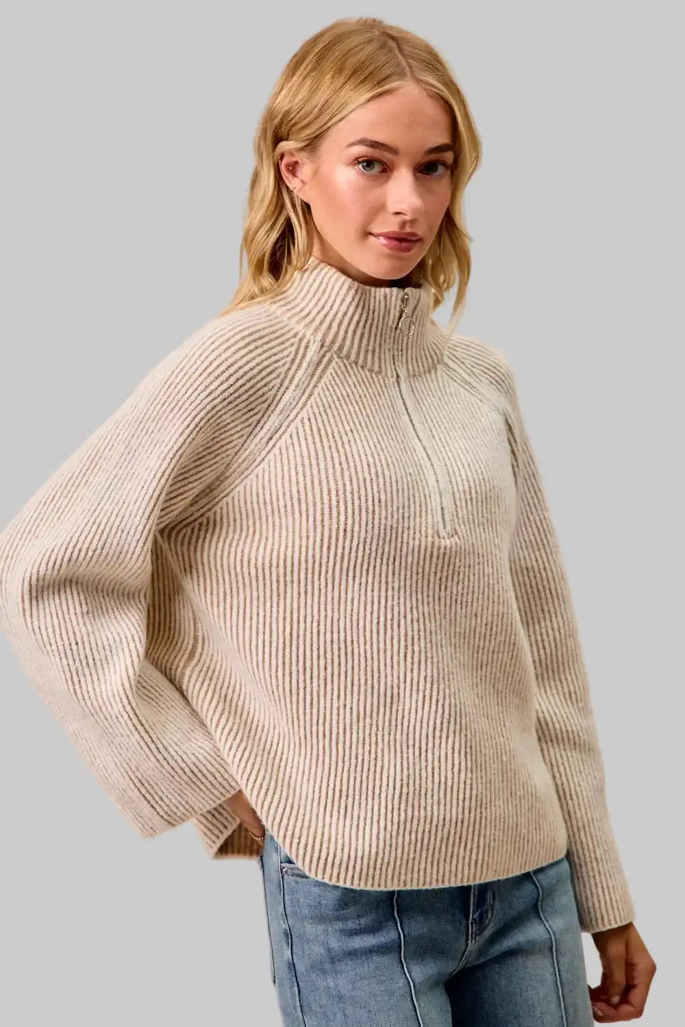 Abigail Ribbed Collared Zip Up Sweater