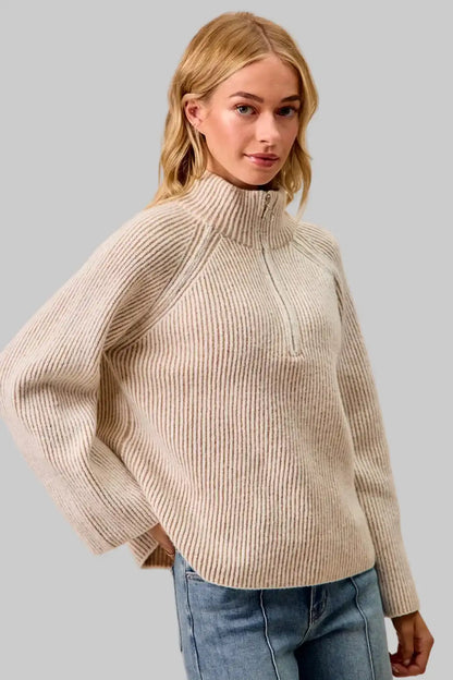 Abigail Ribbed Collared Zip Up Sweater