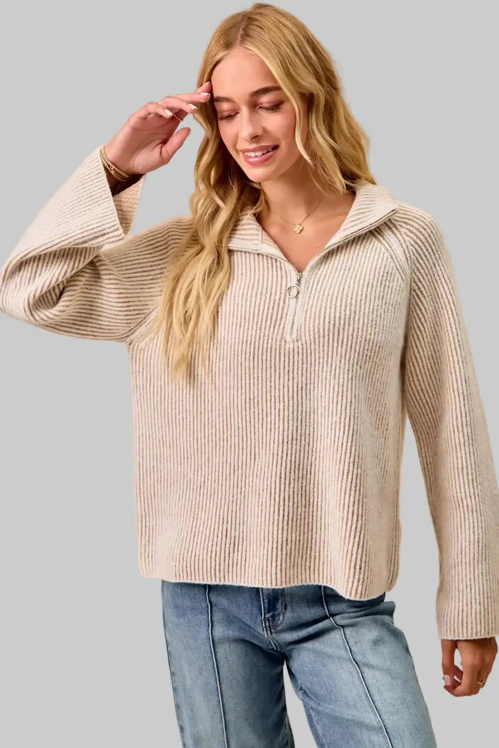 Abigail Ribbed Collared Zip Up Sweater