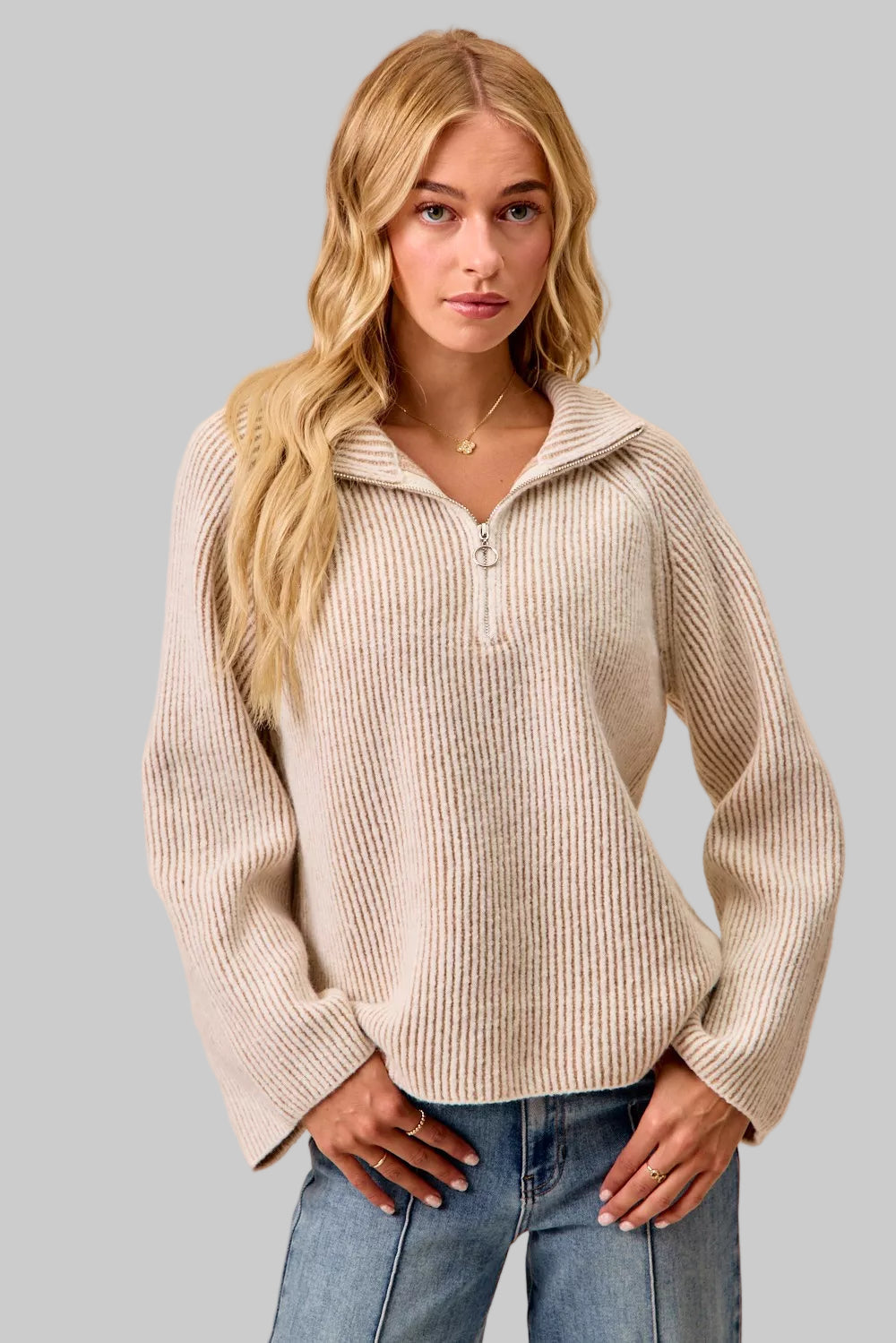 Abigail Ribbed Collared Zip Up Sweater