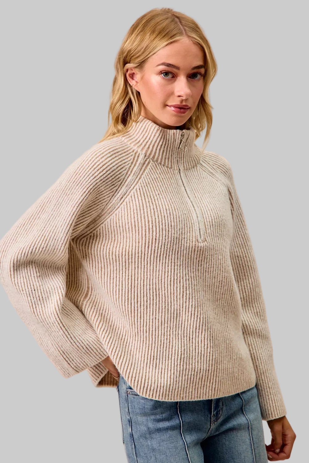 Abigail Ribbed Collared Zip Up Sweater