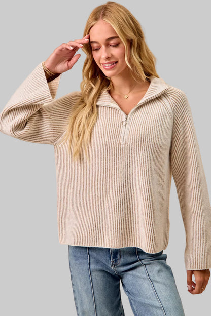 Abigail Ribbed Collared Zip Up Sweater