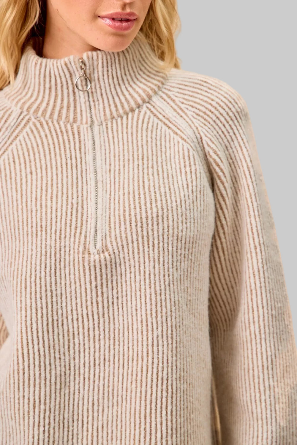 Abigail Ribbed Collared Zip Up Sweater