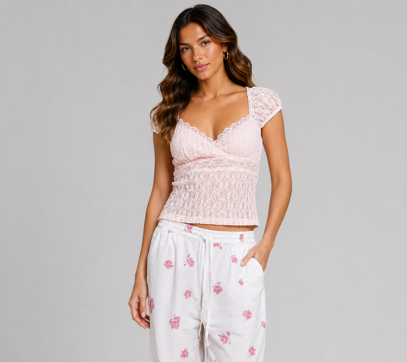 Adaline Sweetheart Neck Lace Top - Blush