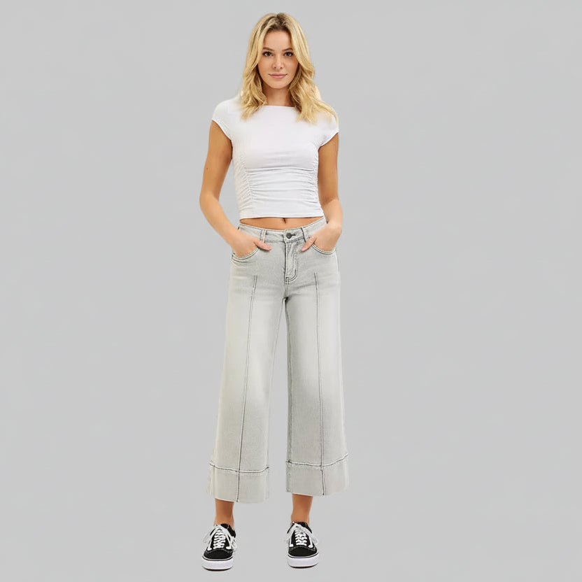 Adalynn Mid Rise Pintuck Cropped Wide Leg Jeans
