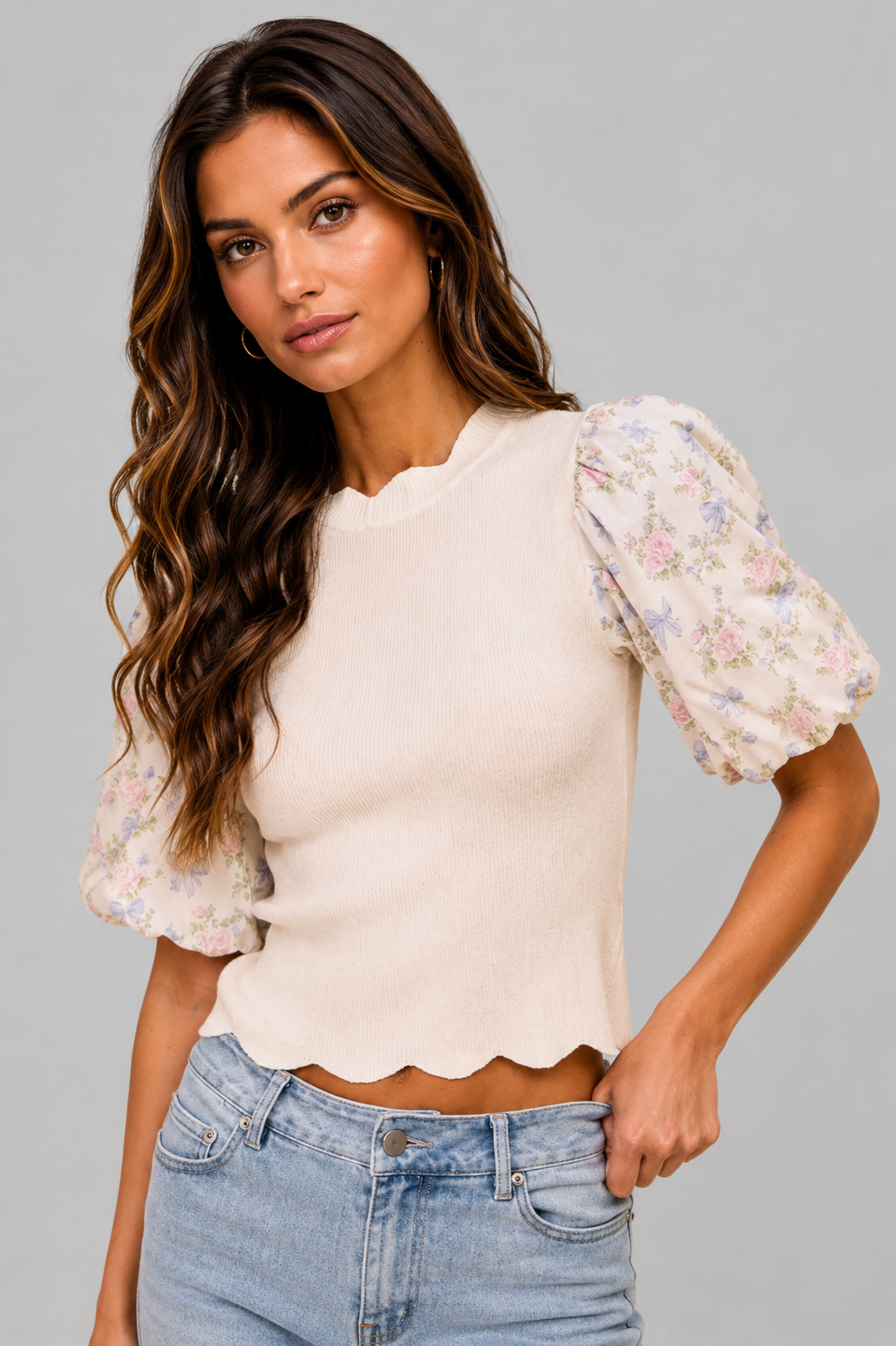 Adriana Floral Scallop Sweater Top