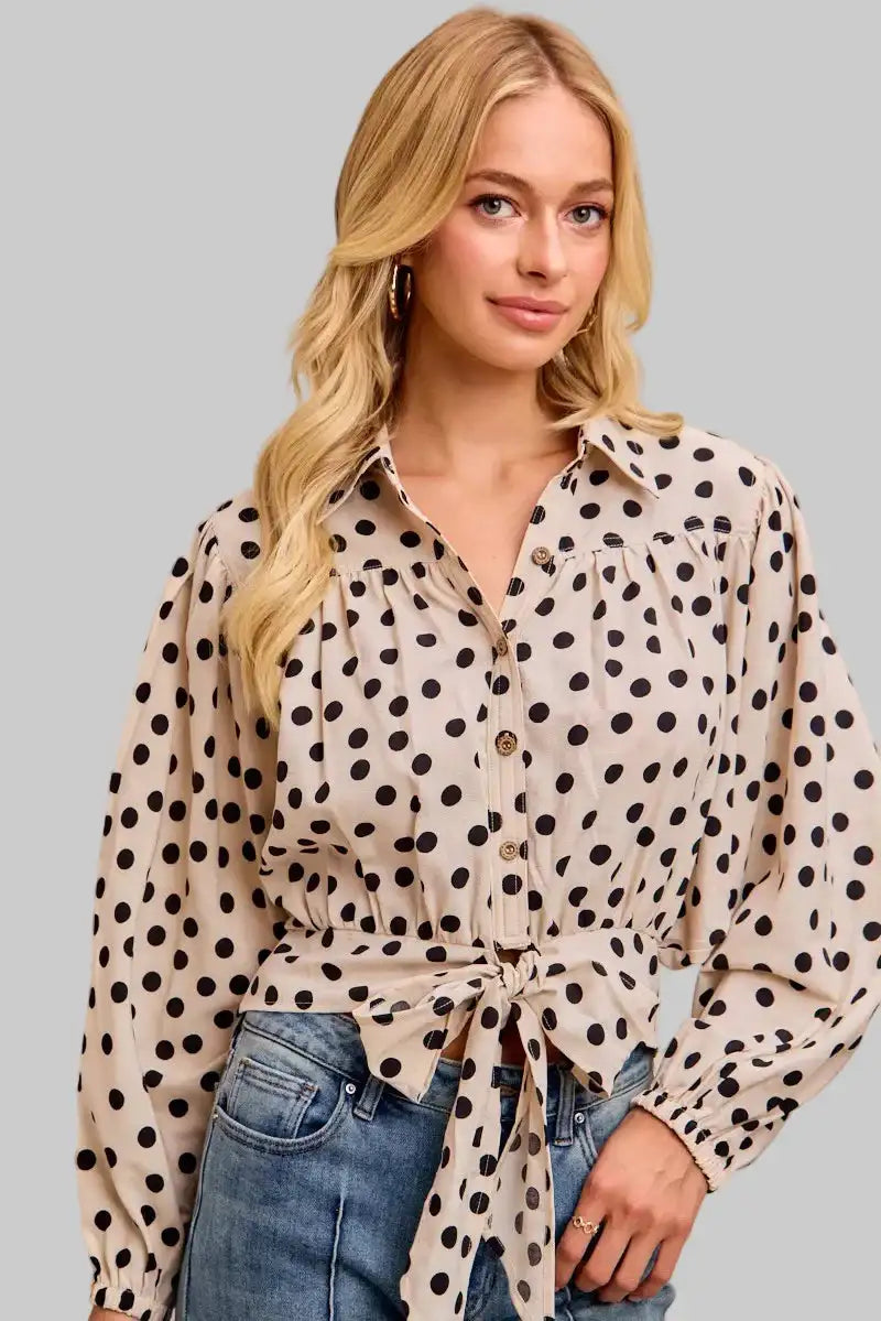 Ailany Polka Dot Print Tied Collared Shirt