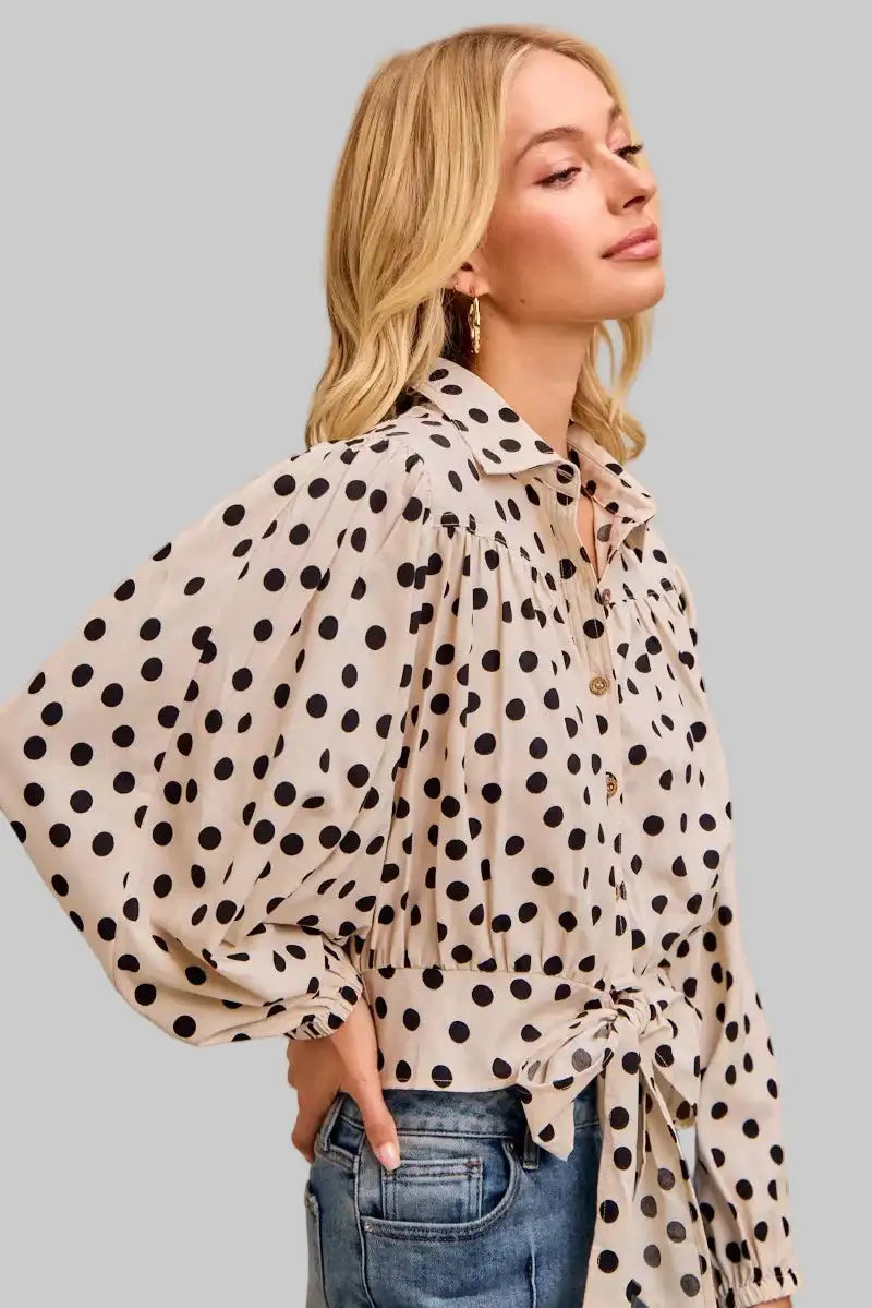 Ailany Polka Dot Print Tied Collared Shirt