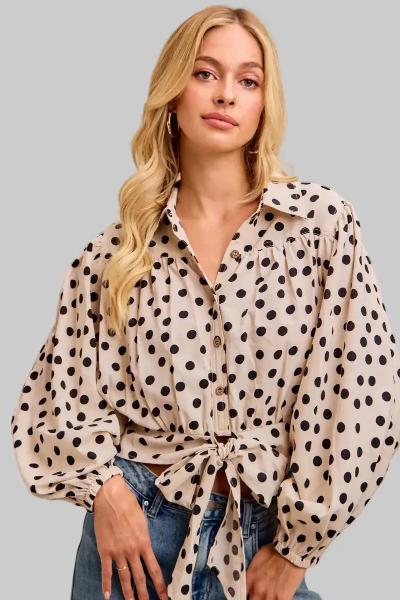 Ailany Polka Dot Print Tied Collared Shirt