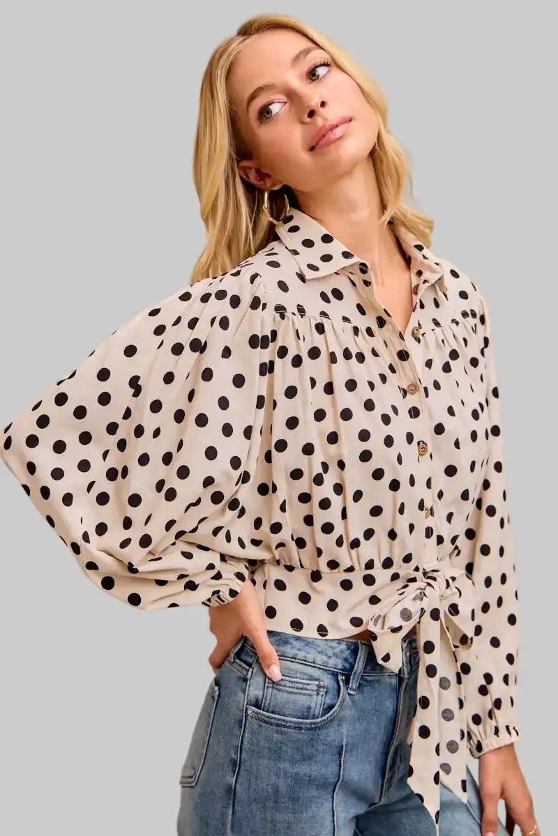 Ailany Polka Dot Print Tied Collared Shirt