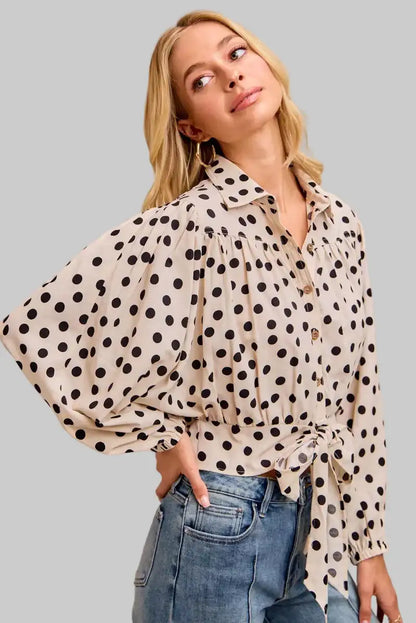 Ailany Polka Dot Print Tied Collared Shirt