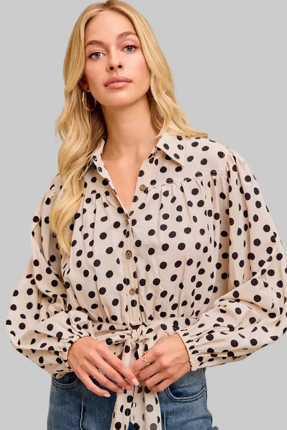 Ailany Polka Dot Print Tied Collared Shirt