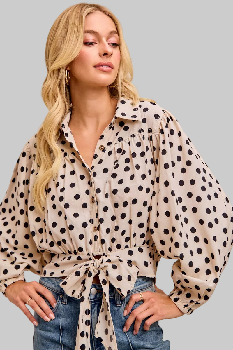 Ailany Polka Dot Print Tied Collared Shirt